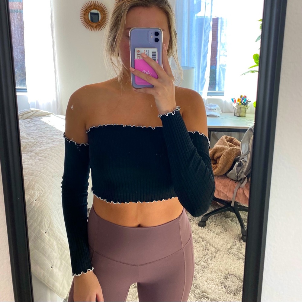 Black and white cropped off the shoulder top